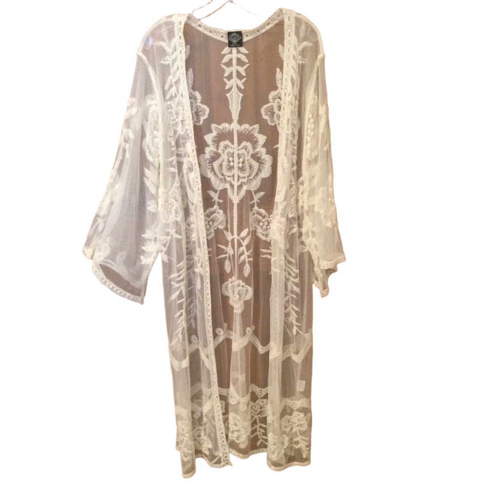 Delicate White Sheer Embroidered Kimono Jacket